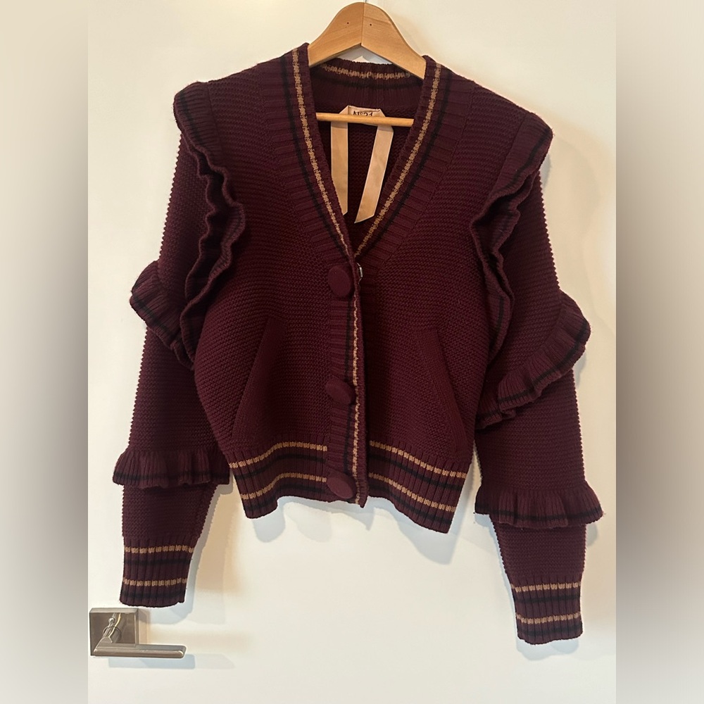 N21 Knitted Burgundy Cardigan with Ruffles